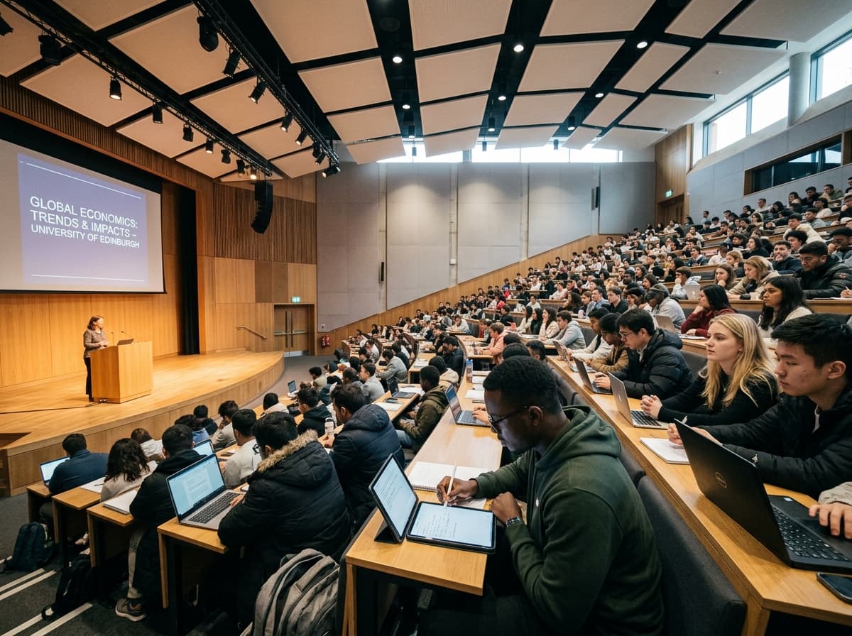 University lecture auditorium with diverse international students